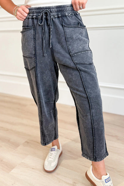 Dark Grey Mineral Wash Exposed Seam Drawstring Elastic Waist Loose Pants