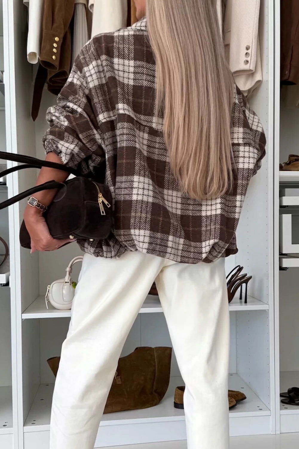 Dark Brown Grid Zipped Front Loose Casual Jacket