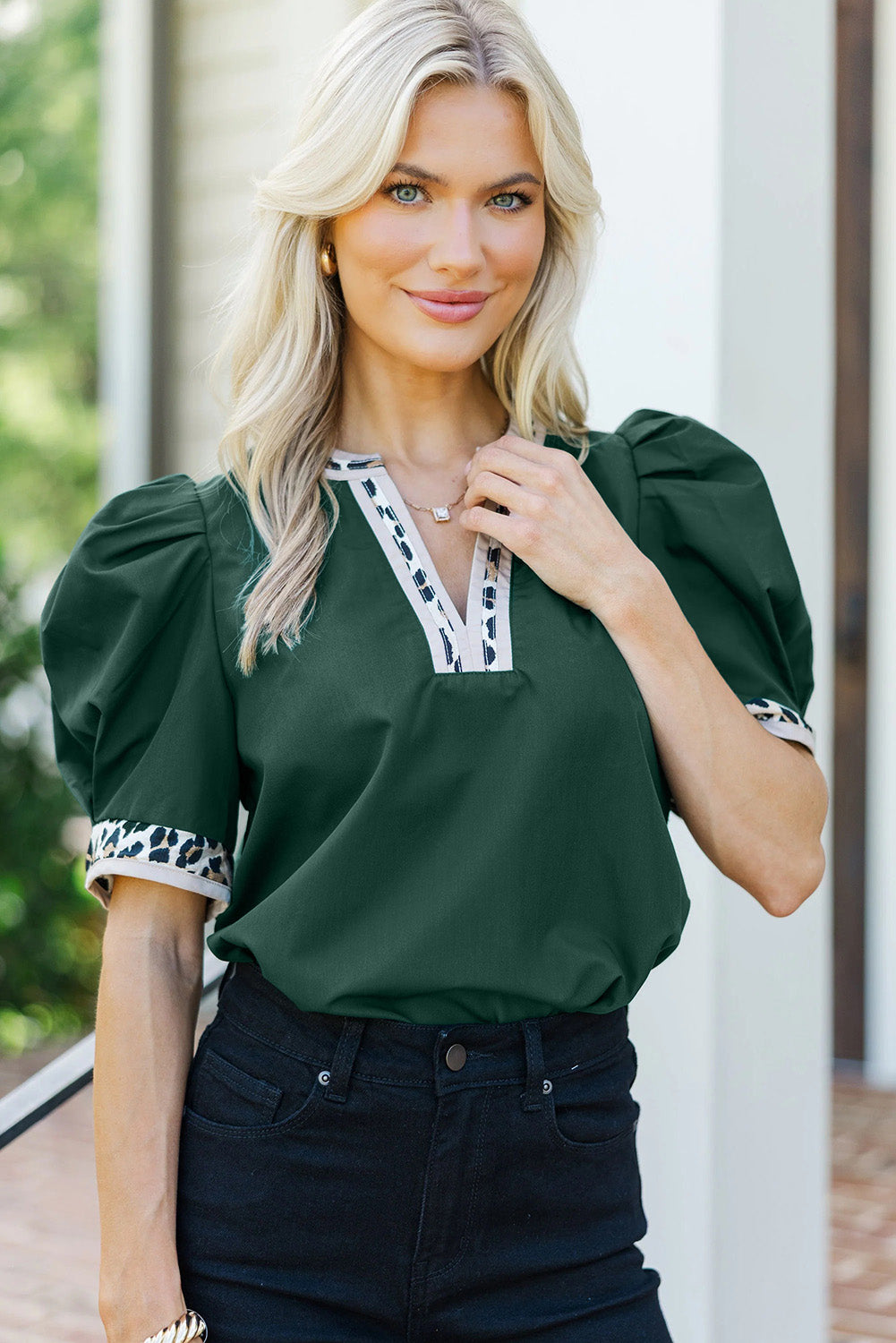 Blackish Green Contrast Leopard Trim Split Neck Puff Sleeve Blouse