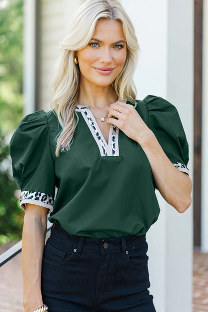 Blackish Green Contrast Leopard Trim Split Neck Puff Sleeve Blouse