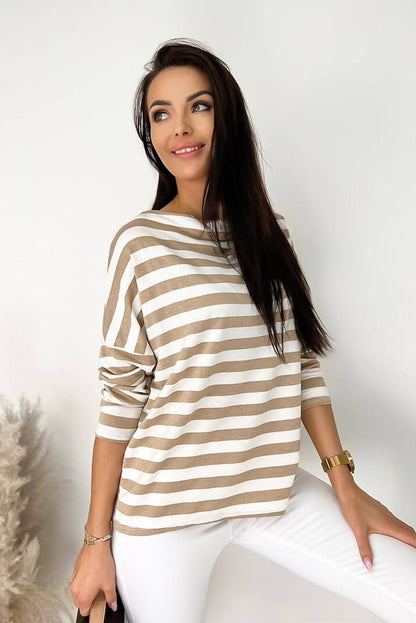 Khaki Boat Neck Striped Long Sleeve Top