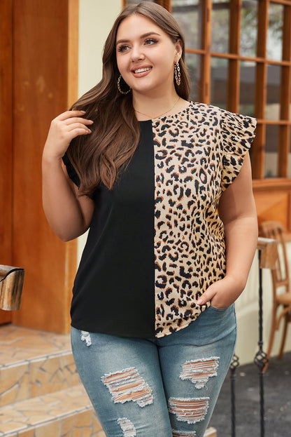 Elegant Black Leopard Ruffle Sleeve Plus Size Top