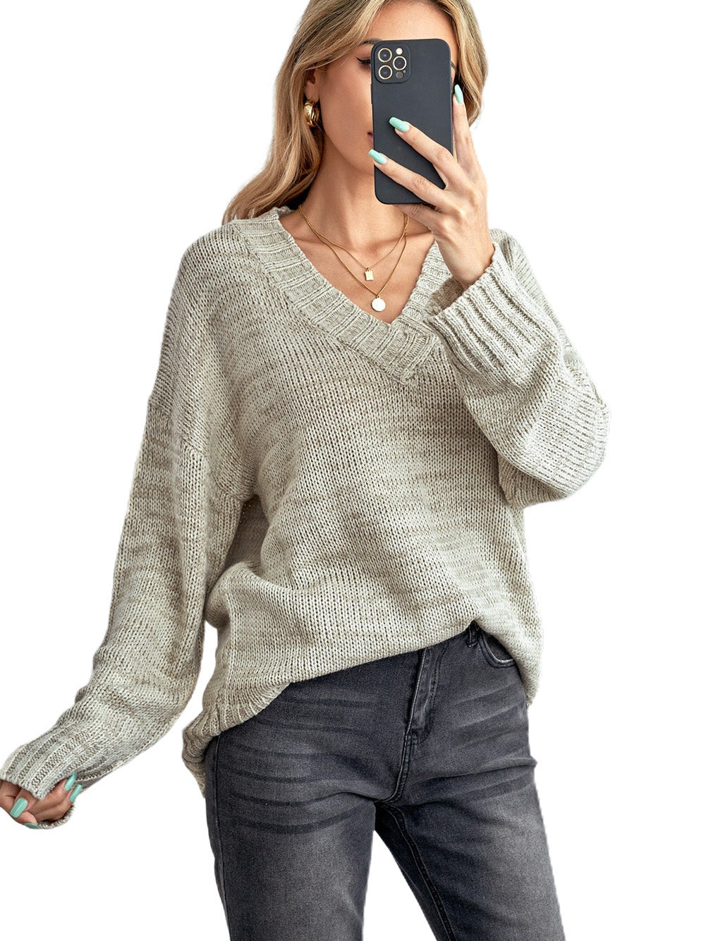 Khaki Drop Shoulder V-Neck Knit Pullover Sweater