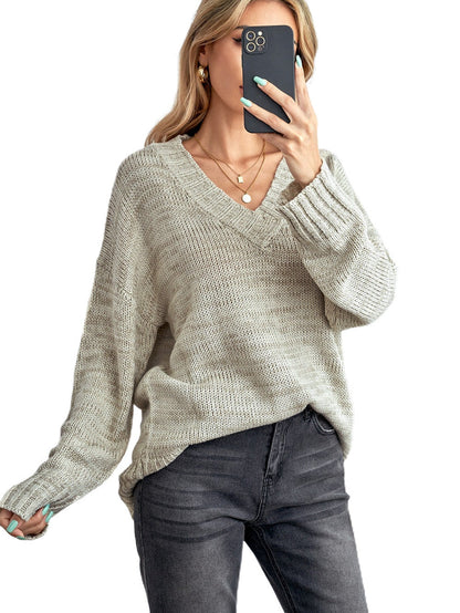 Khaki Drop Shoulder V-Neck Knit Pullover Sweater
