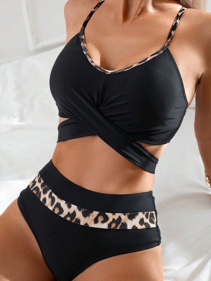 Black Leopard Print High Waisted Bikini with Criss Cross Tie Detail