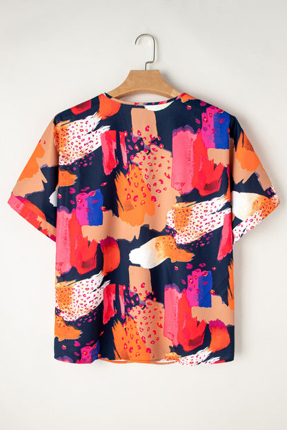 Multicolour Abstract Print V Neck Shift Plus Size Blouse