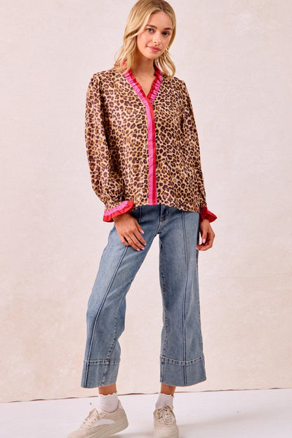Khaki Leopard Print Contrast Frilled Striped Trim V Neck Long Sleeve Blouse