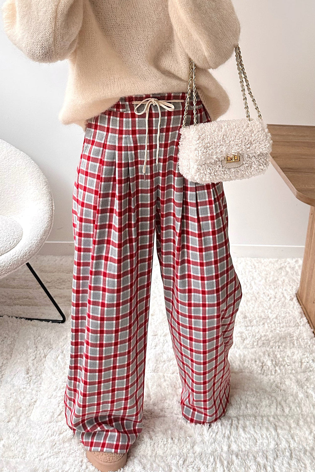 Racing Red Plaid Print Pleated Wide Leg Drawstring Pants