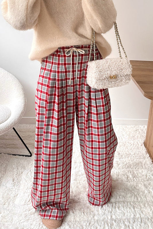 Racing Red Plaid Print Pleated Wide Leg Drawstring Pants