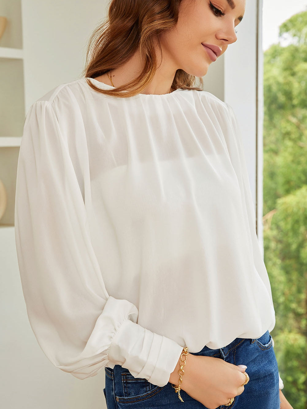 Elegant White Pleated Blouse with Puff Sleeves