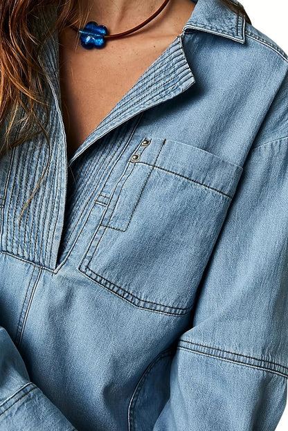 Dusk Blue Oversized Exposed Stitching Patchwork Notched Collared Pullover Denim Pullover Top