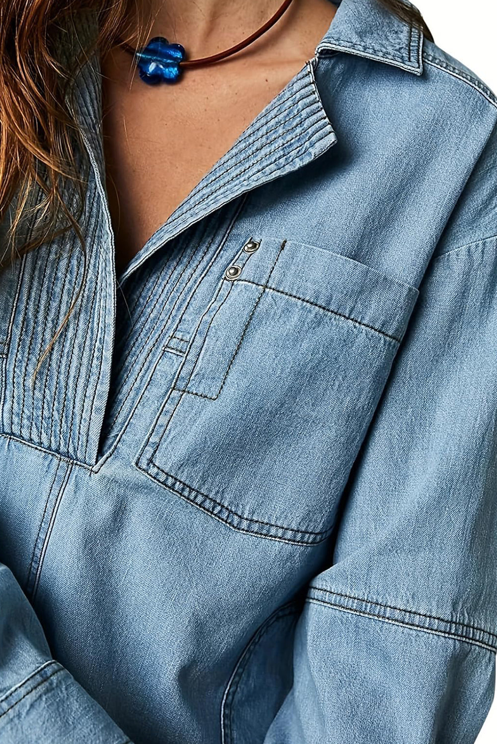 Dusk Blue Oversized Exposed Stitching Patchwork Notched Collared Pullover Denim Pullover Top