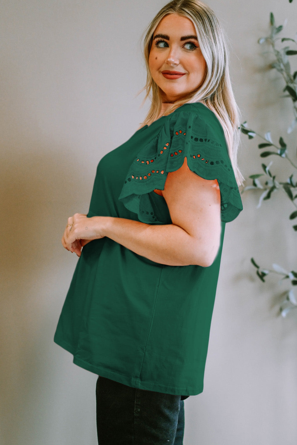 Green Eyelet Flutter Sleeve Plus Size Top