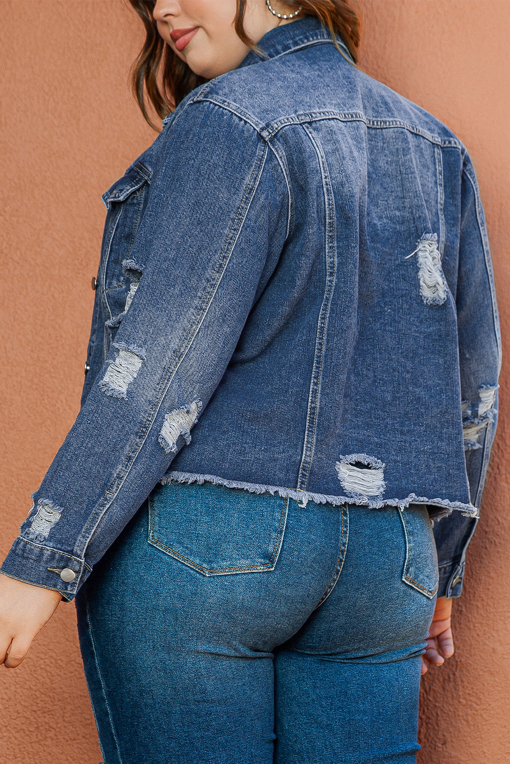 Stylish Plus Size Navy Distressed Denim Shacket