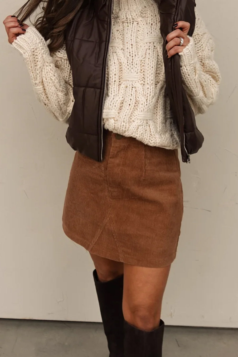 Cinnamon Button Front Loose Corduroy Mini Skirt