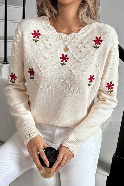 Beige Floral Embroidered Textured Detail Pullover Sweater