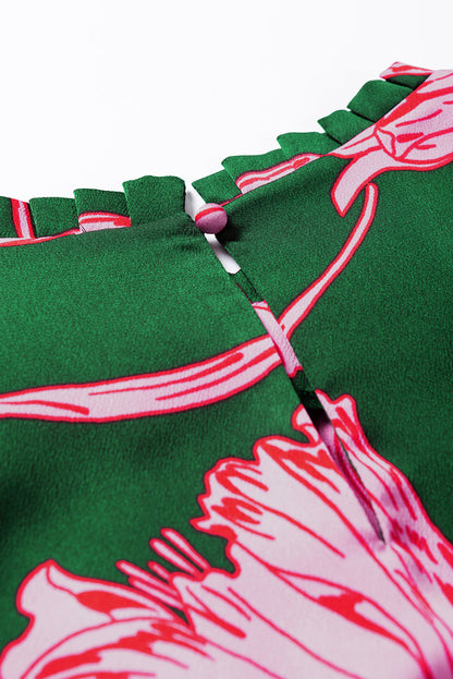 Green Plus Size Shirred Bracelet Sleeve Ruffled Floral Dress