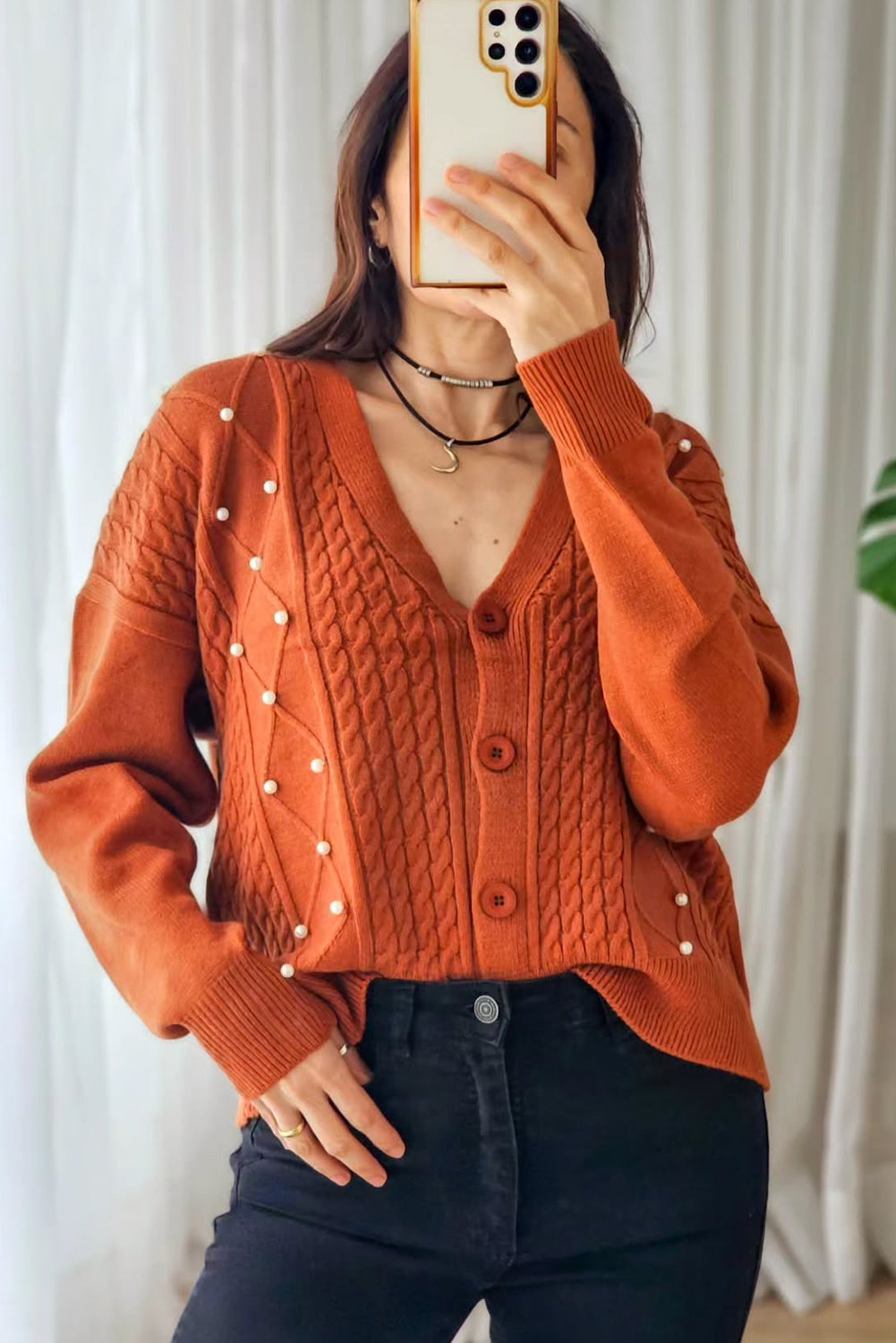 Gold Flame Cable Rhombus Knit Pearl Embellished Button V Neck Cardigan