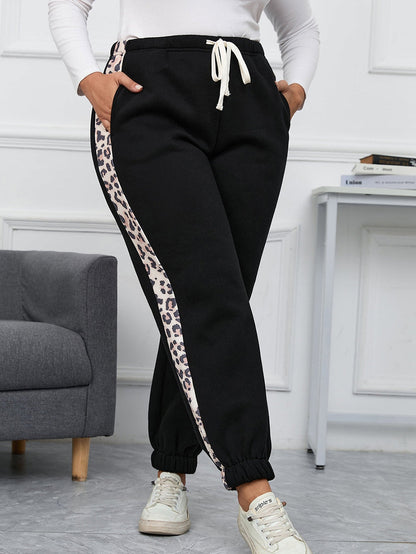 Leopard Patchwork High Waist Joggers for Plus Size Women