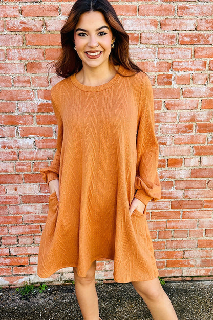Vitality Orange Chic Textured Round Neck Long Sleeve Mini Dress