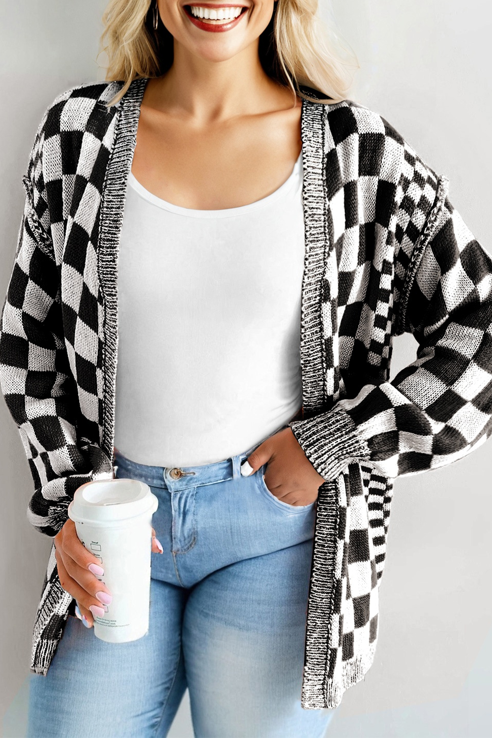 Black Checkered Bubble Sleeve Drop Shoulder Open Cardigan