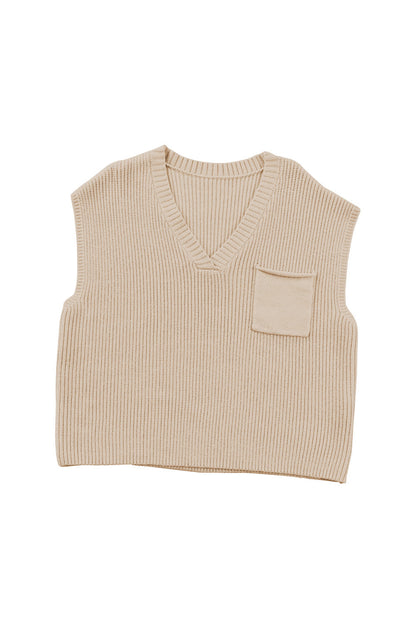 Apricot Ribbed V Neck Cap Sleeve Sweater with Chest Pocket