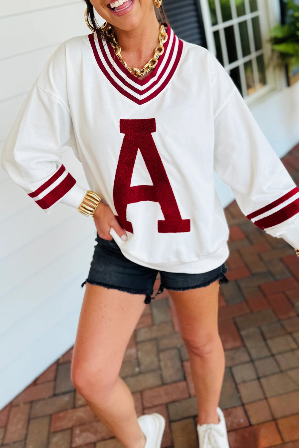 Red Dahlia Chenille Letter A Graphic Varsity Striped V Neck Puff Sleeve Sweatshirt