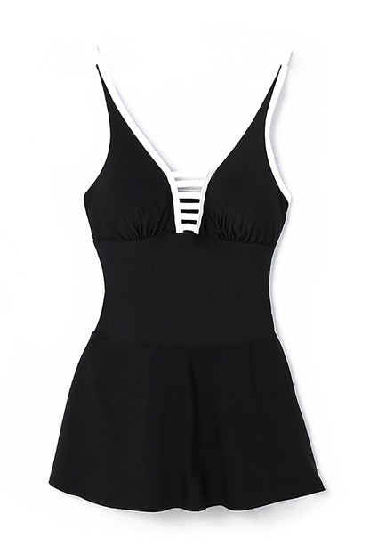 Strappy Black V Neck Swimdress with Side Slit