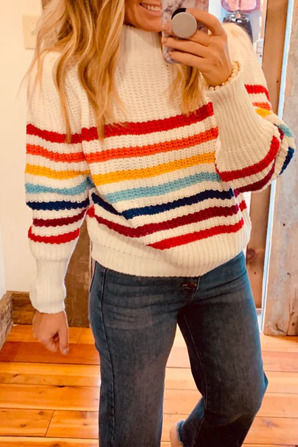 White Stripe Textured Knit High Neck Puff Sleeve Sweater