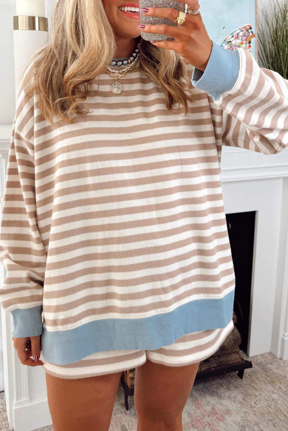 Khaki Stripe Contrast Edge Drop Shoulder Pullover and Shorts Plus Size Set