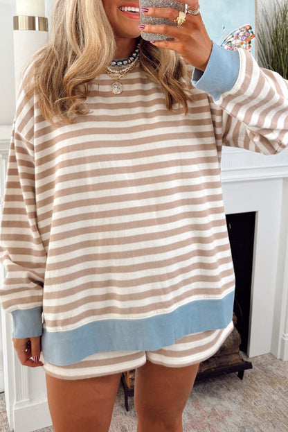 Khaki Stripe Contrast Edge Drop Shoulder Pullover and Shorts Plus Size Set