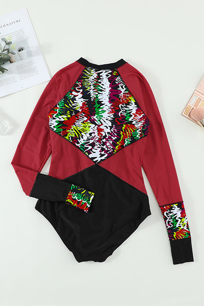 Flaming Red Blossom Striped Patchwork Rashguard One-piece Swimwear