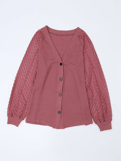 Lacy Waffle Knit Button-Up Cardigan with Long Sleeves