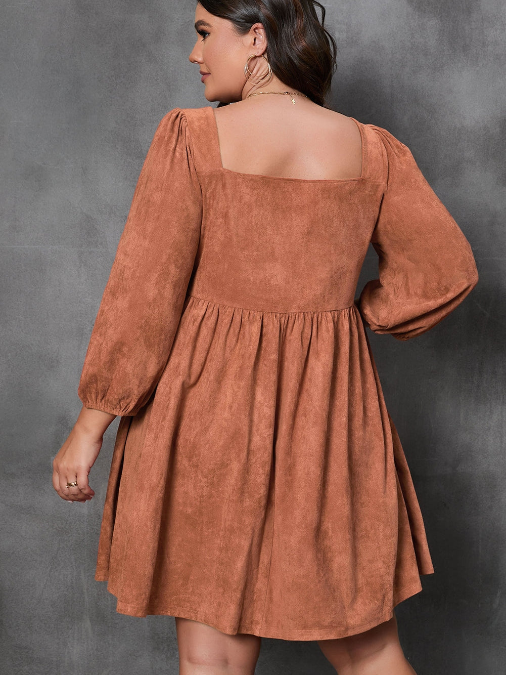 Chestnut Plus Size Suede Square Neck Balloon Sleeve Dress