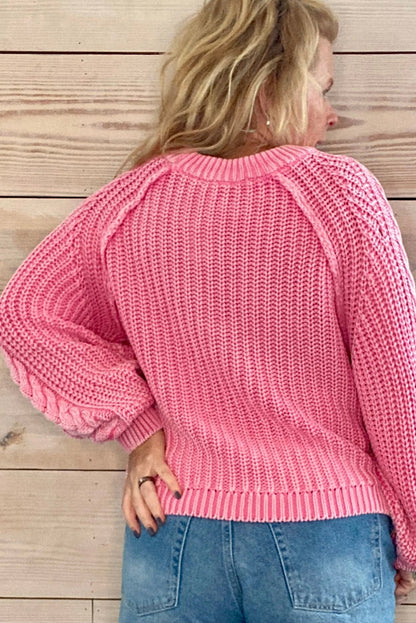 Pink Mineral Wash Cable Knit Raglan Sleeve Loose Sweater
