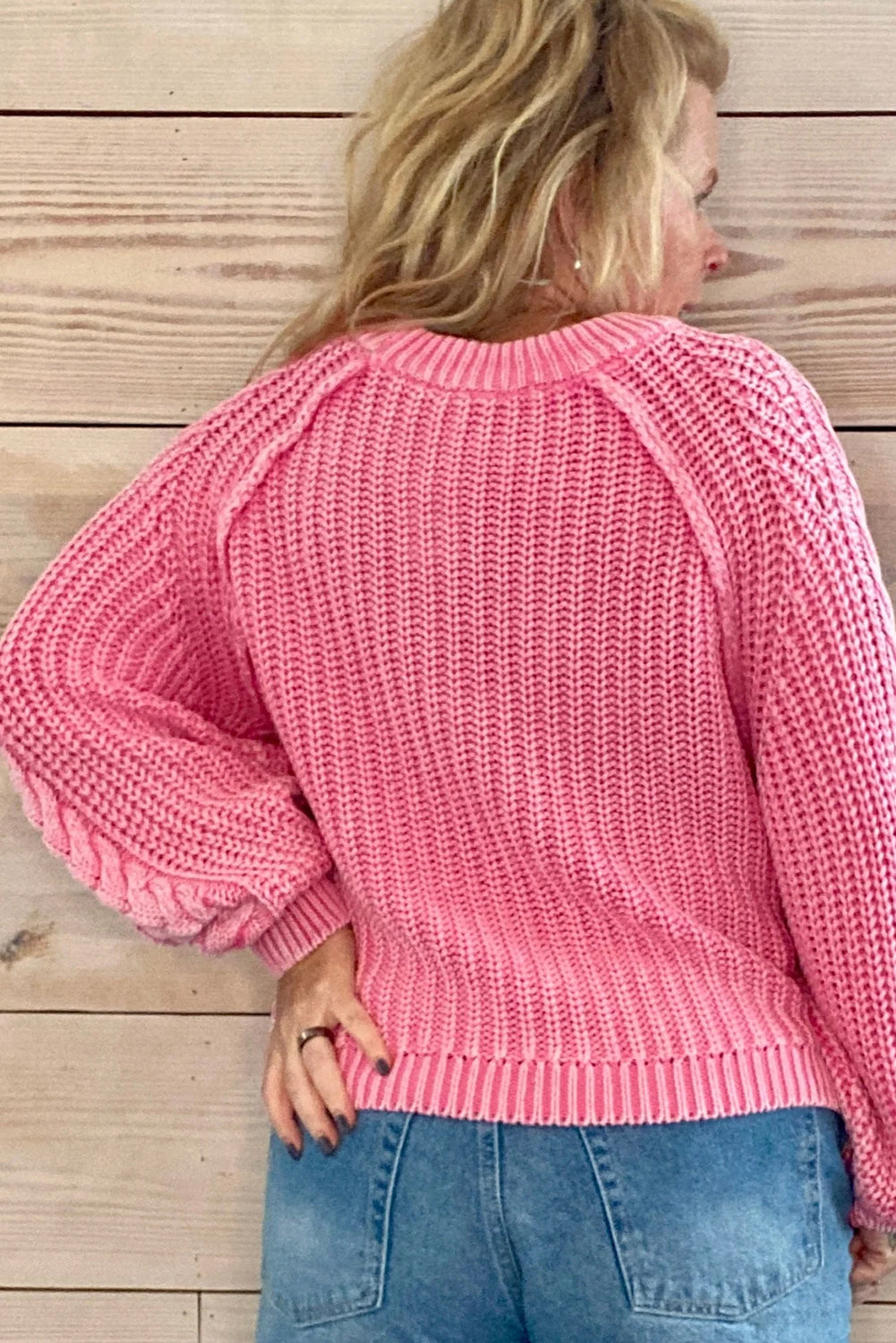 Pink Mineral Wash Cable Knit Raglan Sleeve Loose Sweater