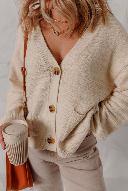 Oatmeal V Neck Buttoned Front Loose Casual Cardigan Sweater