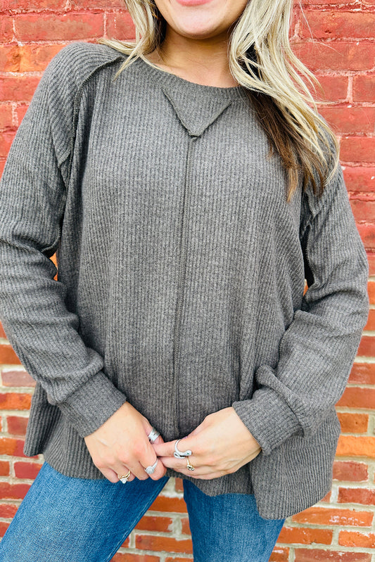 High Ribbed Knit Exposed Seam Detail Oversize Long Sleeve Top