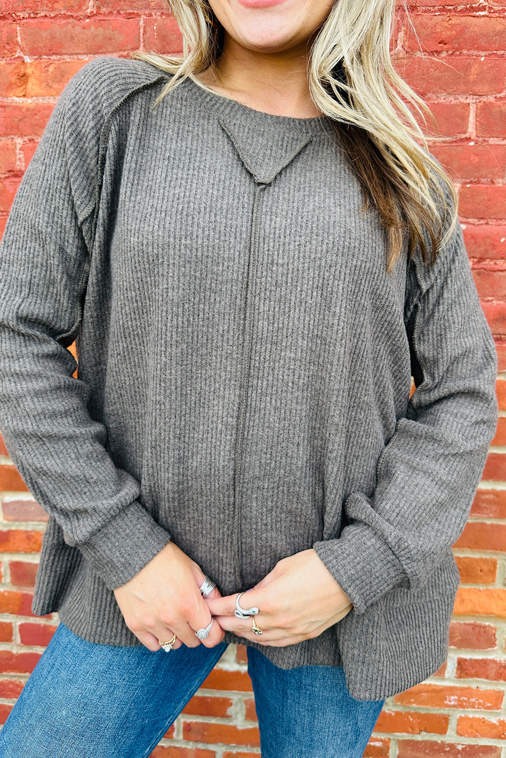 High Ribbed Knit Exposed Seam Detail Oversize Long Sleeve Top