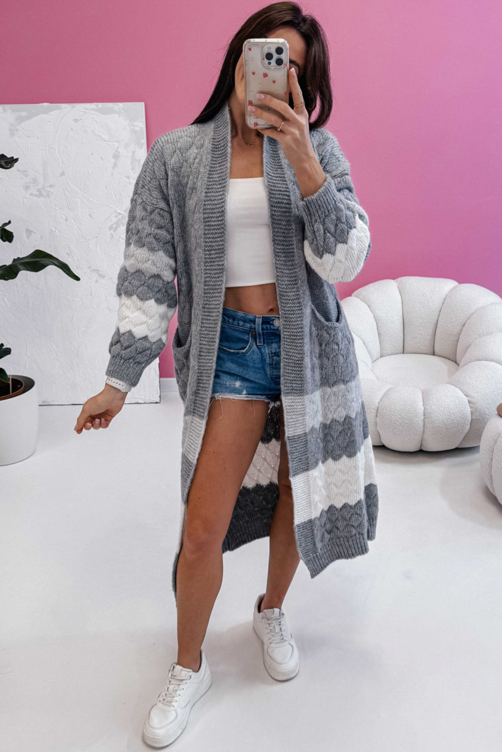 Gray Color Block Side Pockets Open Front Long Cardigan