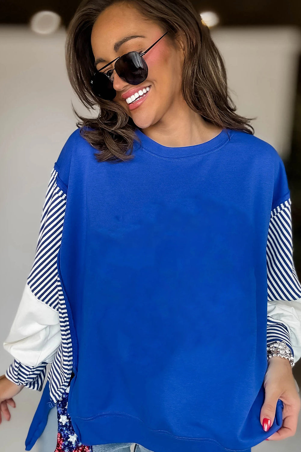 Dark Blue Striped Patchwork Sleeve Colorblock Sweatshirt