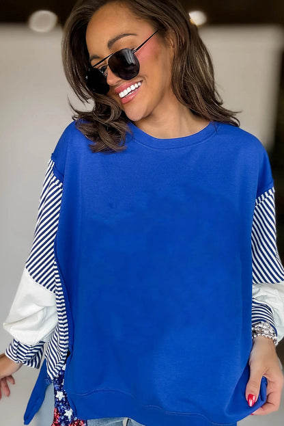 Dark Blue Striped Patchwork Sleeve Colorblock Sweatshirt