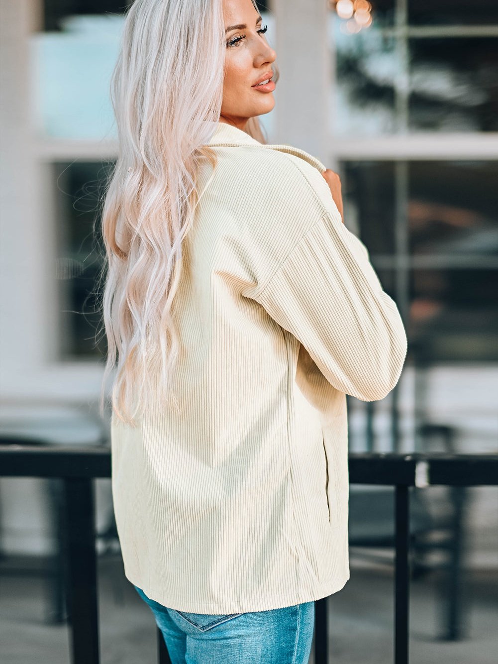 Beige Ribbed Textured Shacket with Front Pockets