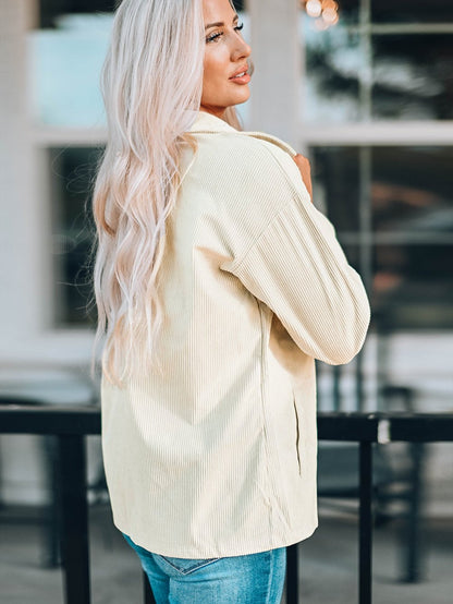 Beige Ribbed Textured Shacket with Front Pockets