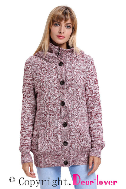 Fiery Crimson Hooded Cable Knit Sweater Coat