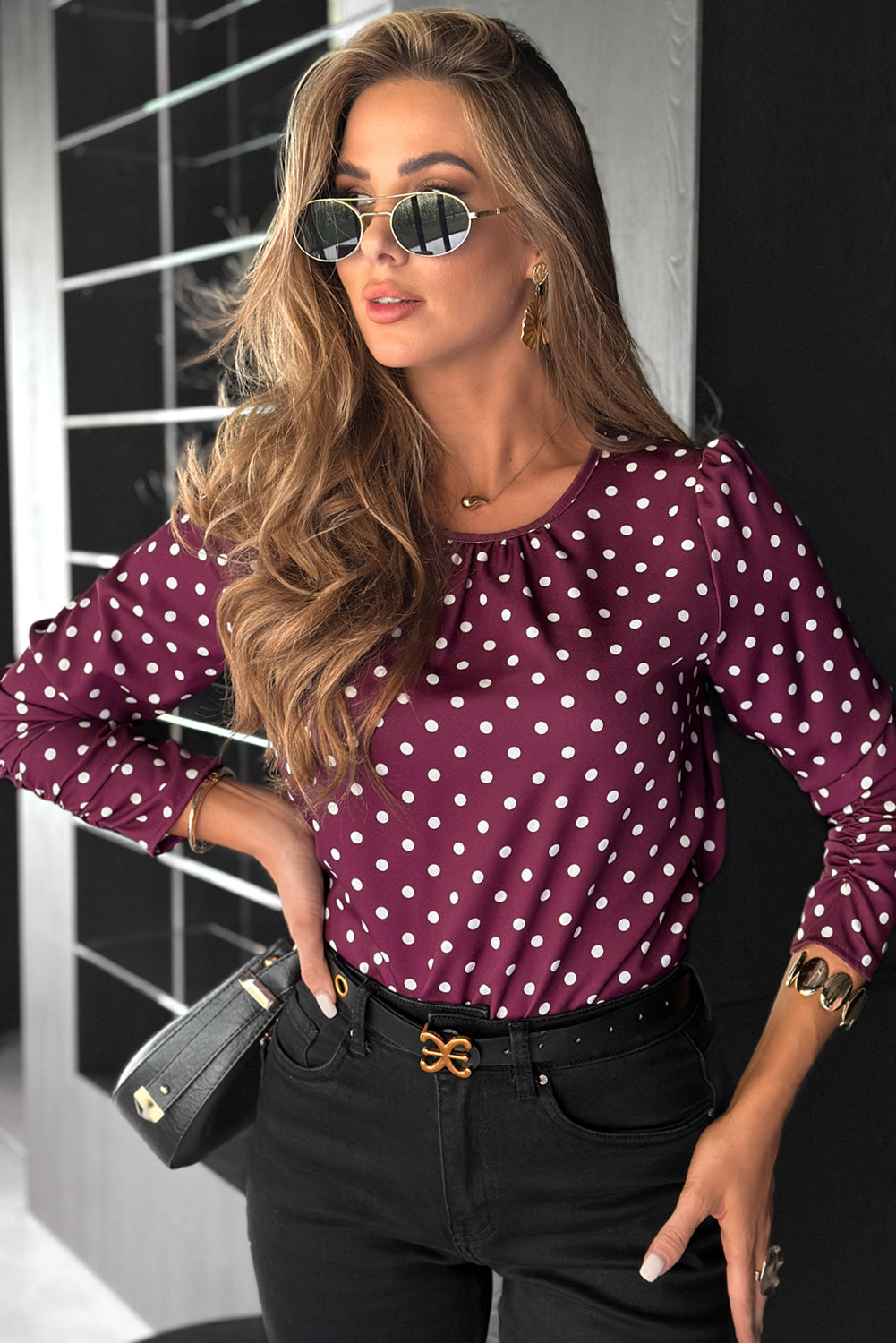 Violet Pleated Round Neck Polka Dot Long Sleeve Blouse