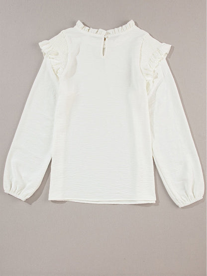 Elegant White Bubble Sleeve Ruffle Blouse