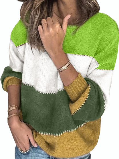 Green Color Block Winter Sweater - Stylish Pullover for Women