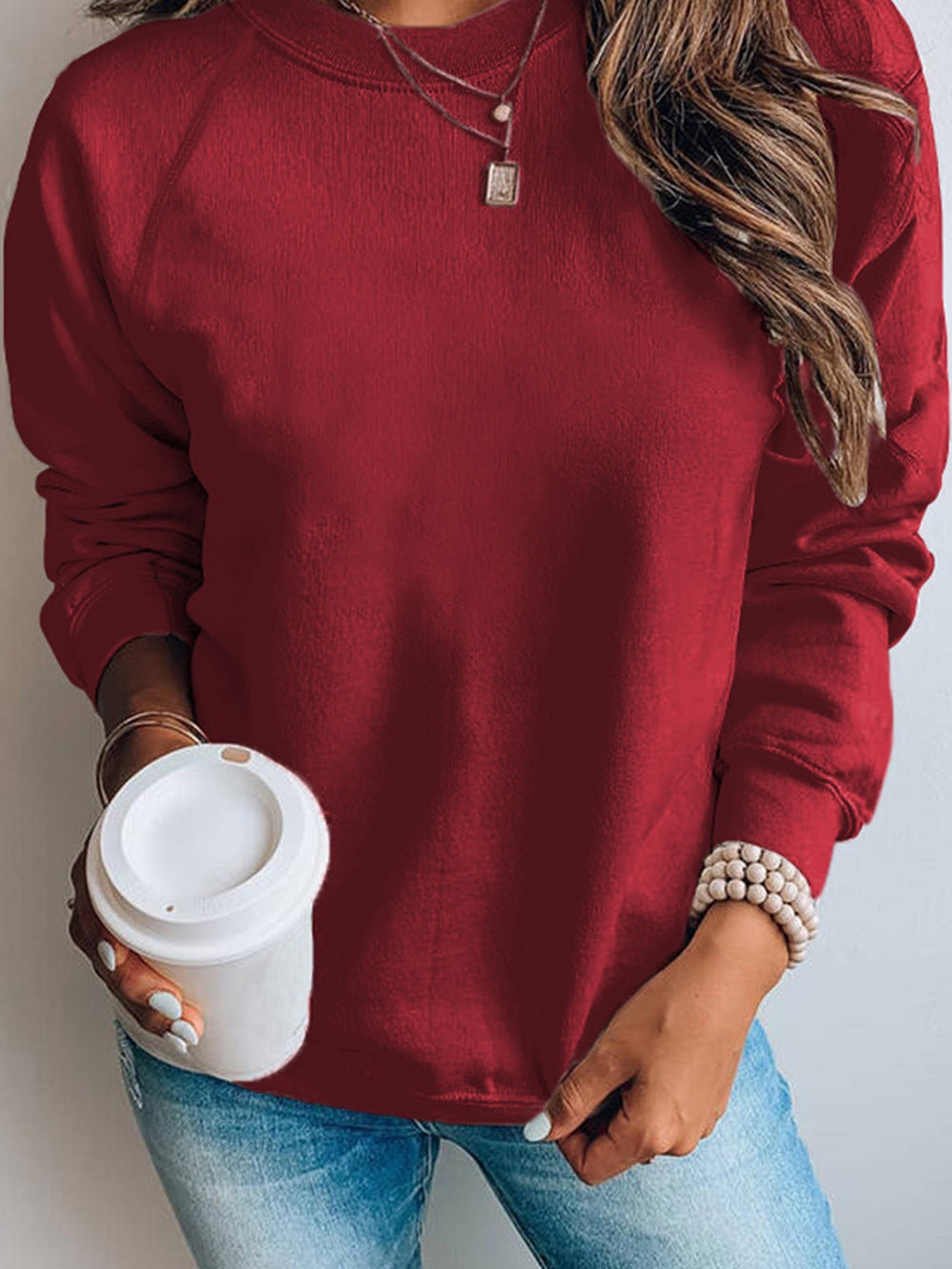 Fiery Red Solid Pullover Sweater with Crew Neck