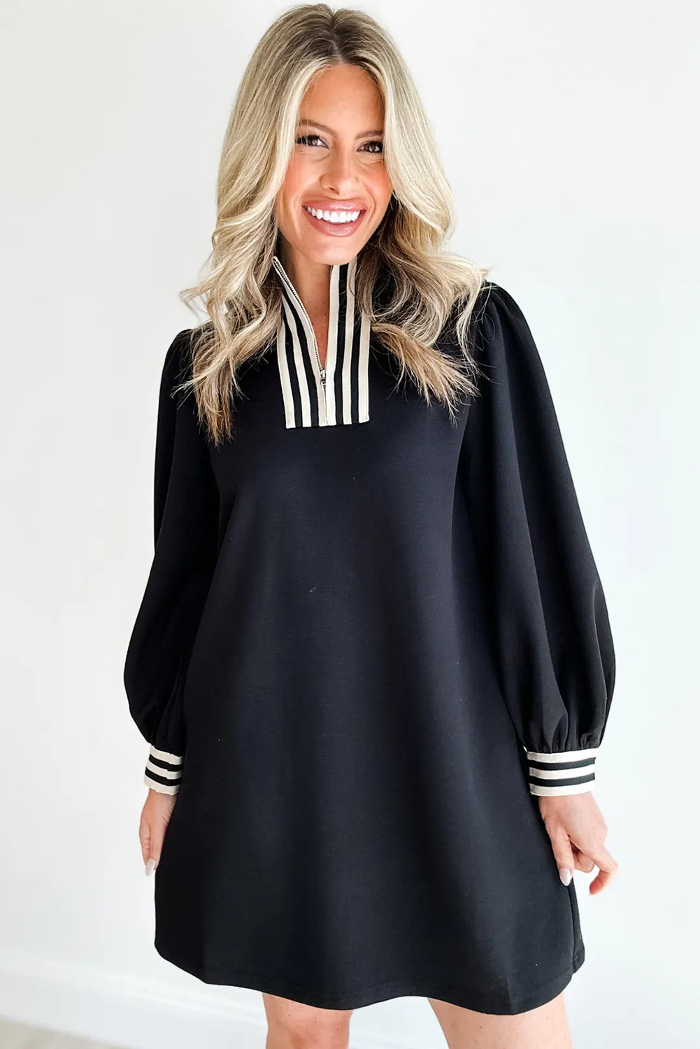 Black Striped Patchwork Zip Neck Long Sleeve Shift Mini Dress